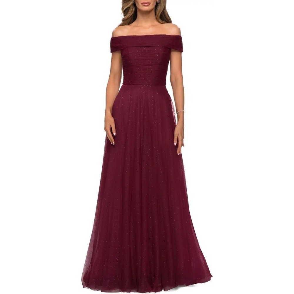 La Femme 28051 Embellished Off the Shoulder Mesh Burgundy Formal Gown Sz 6 NWT